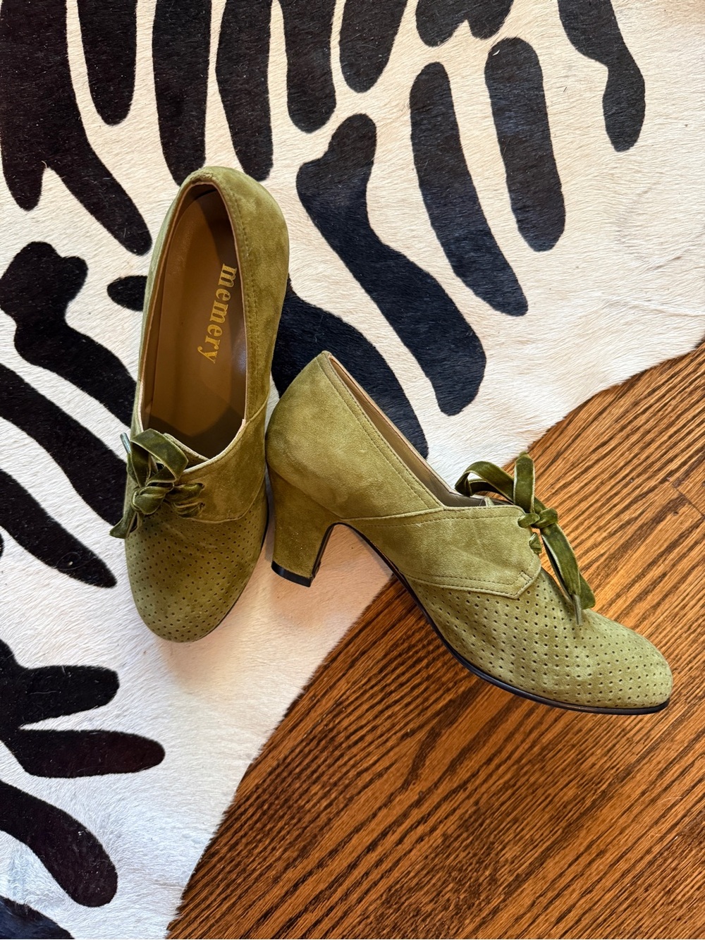 Memory Olive Suede Perforated Tie-Front Block Heels